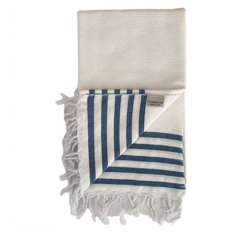 Honeycomb Weave Towel - White with Blue Stripes